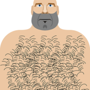 An illustration of a bald man with a hairy body